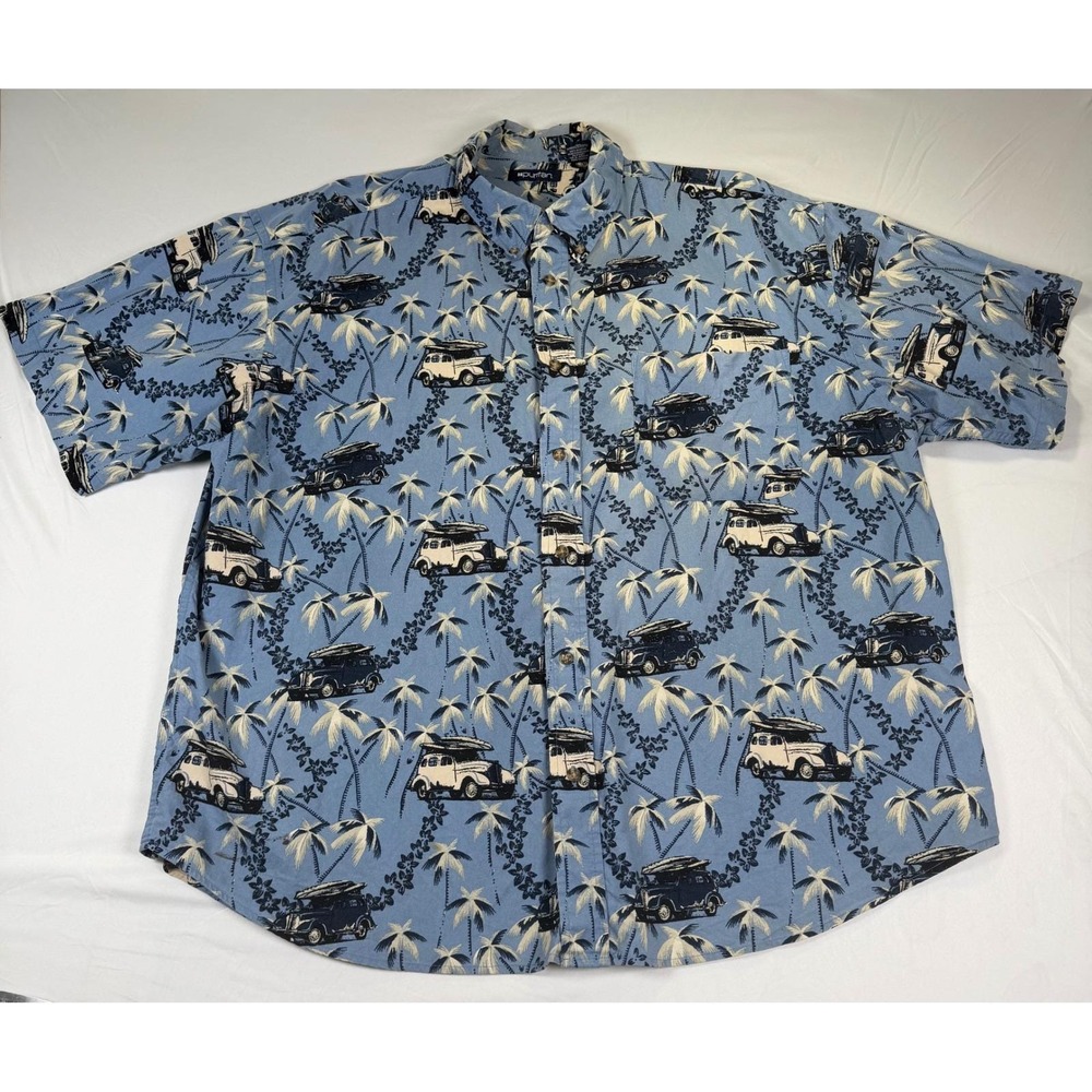 Puritan 90's Mens 2XL Blue Tropical Hawaiian Shirt Car, Surfboard ,Palm Tree